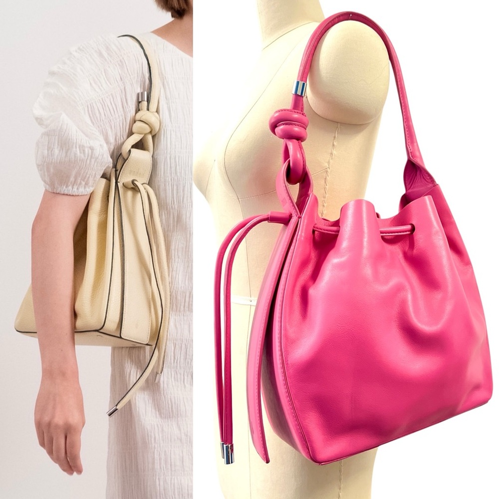 NWOT Benho Pink 100% Leather Drawstring Bucket Bag Knot Shoulder Bag Handbag